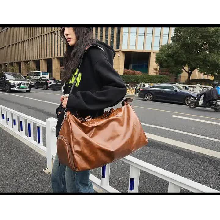 Brown Solid Color Unisex Large Capacity Fitness Bag - Leather Sports Bag, Crossbody Travel Bag, Gym and Luggage Handbag
