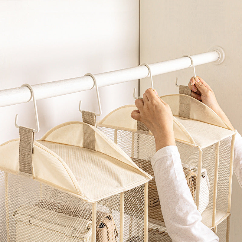 Beige Hanging Dustproof Storage Bag - Multi-Layer Organizer for Bags, Clothes & Accessories, 4-Tier Non-Woven Fabric