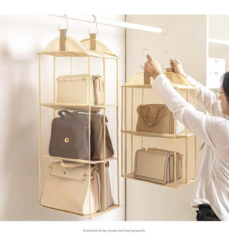 Beige Hanging Dustproof Storage Bag - Multi-Layer Organizer for Bags, Clothes & Accessories, 4-Tier Non-Woven Fabric