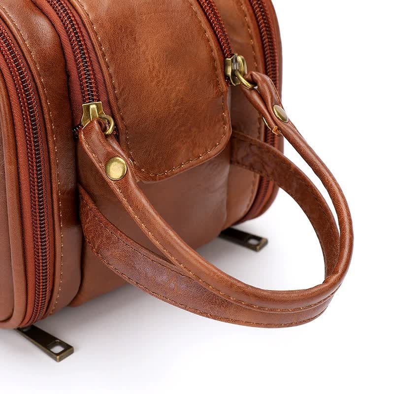 Brown Vintage Leather Makeup Bag with Multi-Compartment Organizer - Travel Cosmetic Case