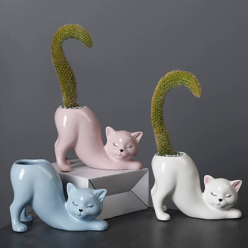 2 PCS White Cute Cat Ceramic Flower Pot - Decorative Succulent Planter for Home and Office