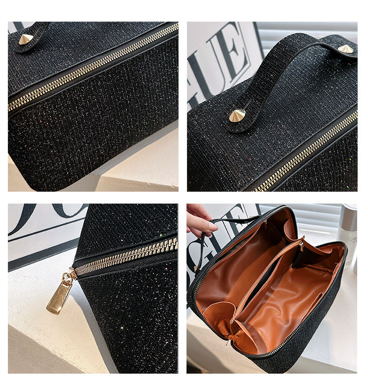 Black Elegant Glitter Cosmetic Bag with Zipper and Handle