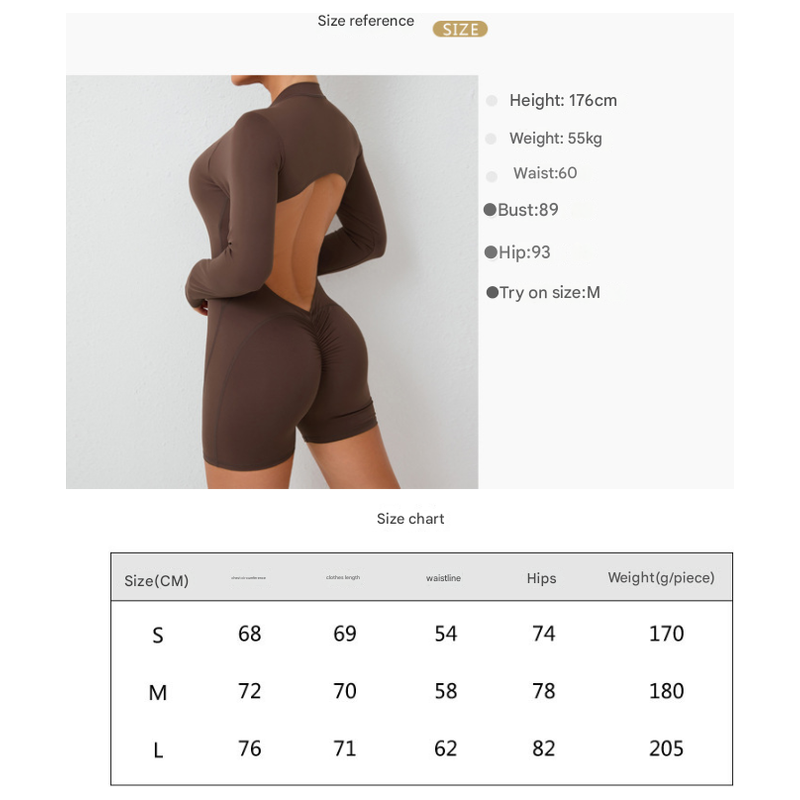 L Brown Backless Scrunch Butt Workout Jumpsuit - Long-Sleeve Open-Back Yoga Romper