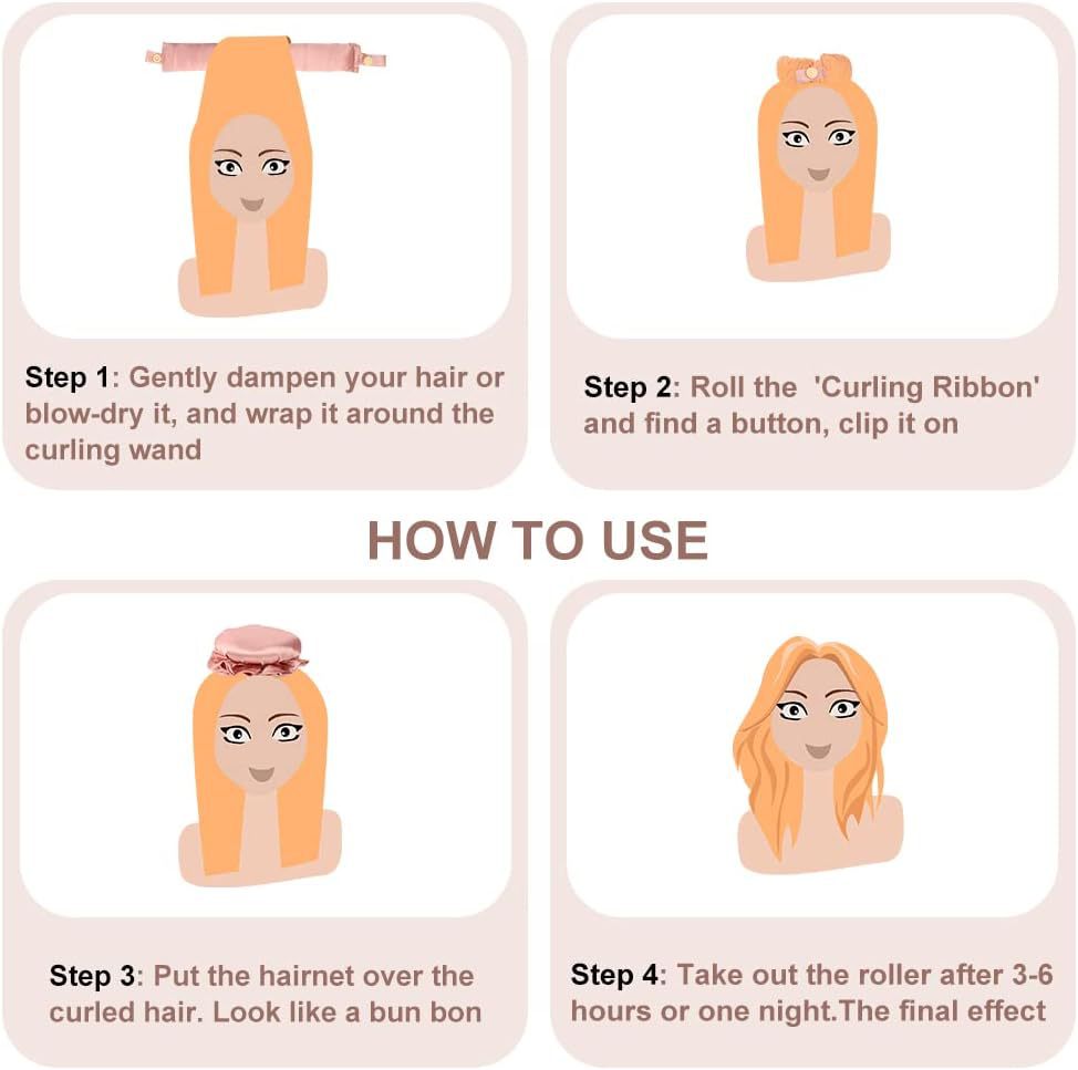 3 Pcs Beige Heatless Hair Curling Satin Set - Easy Sleep-In Curler for Beautiful Waves