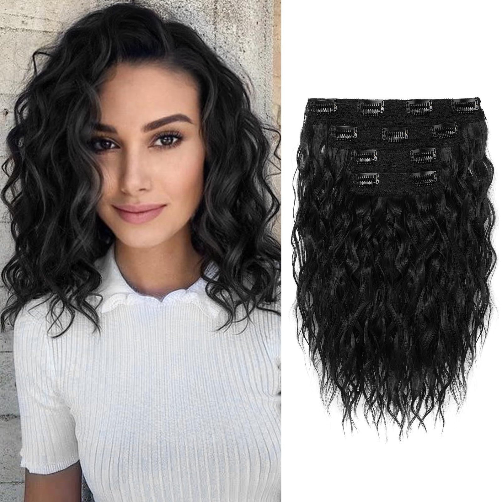 Black 12-Inch Clip-in Wavy Hair Extensions - 4-Piece Set, Easy to Apply, Instant Volume Boost