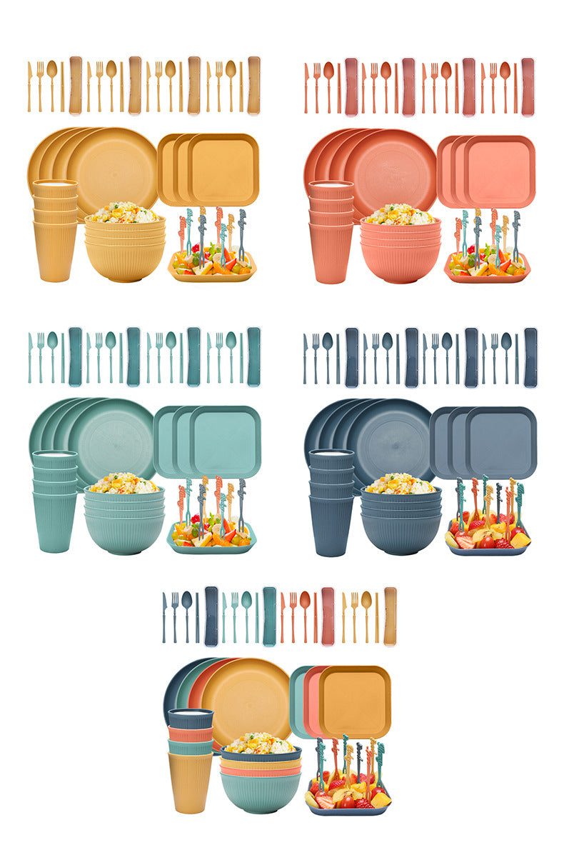 Four-person Set Blue Eco-Friendly Wheat Straw Dinnerware Set, Plate, Bowl, Cup & Utensil Set - Lightweight, Reusable, and Durable for Home, School, and Travel