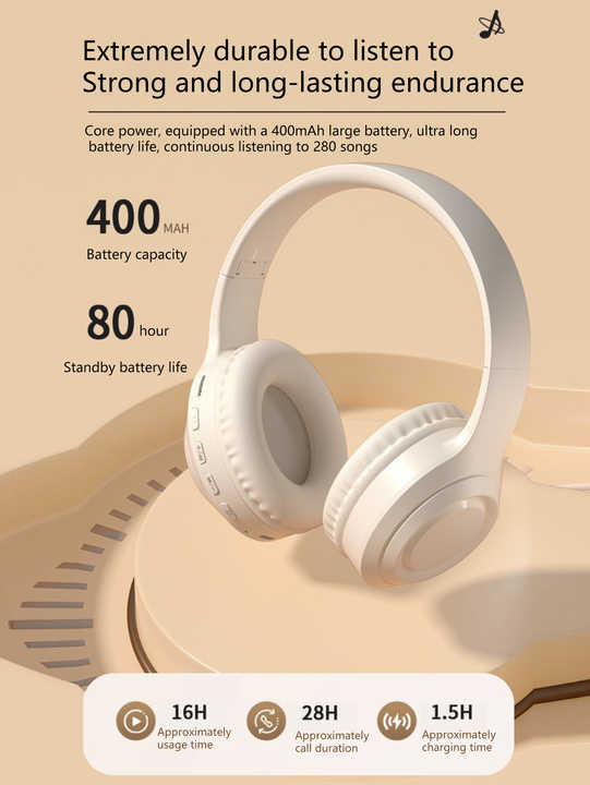 Black Wireless Headphones – 400mAh, 16H Playtime, SD Card & Aux Support
