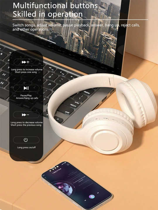 Off White Wireless Headphones - 400mAh, 16H Playtime, SD Card & Aux Support