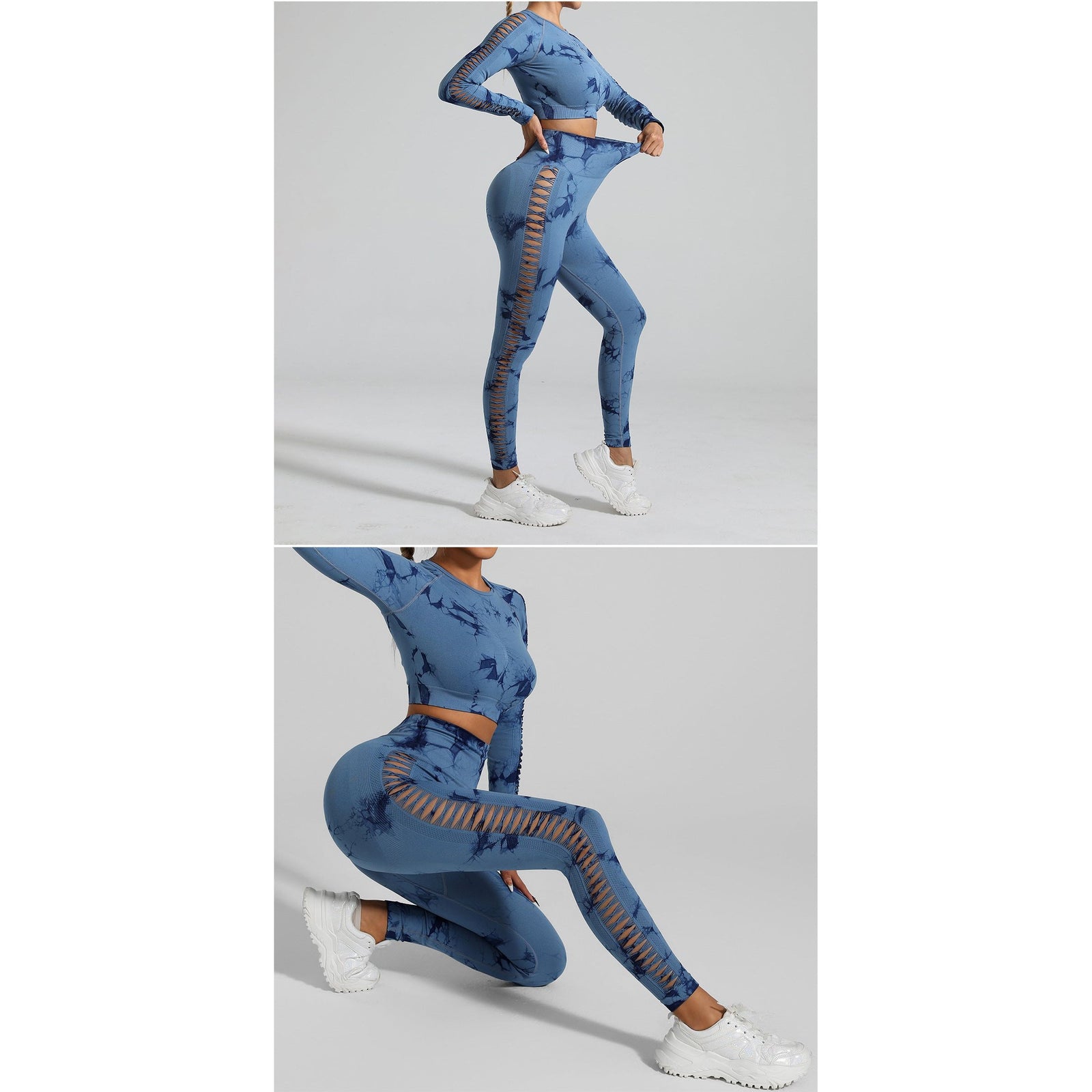 Dark Blue Size M Tie-Dye Yoga Set Long Sleeve Butt Lift Leggings Seamless Workout Training Gym Clothes