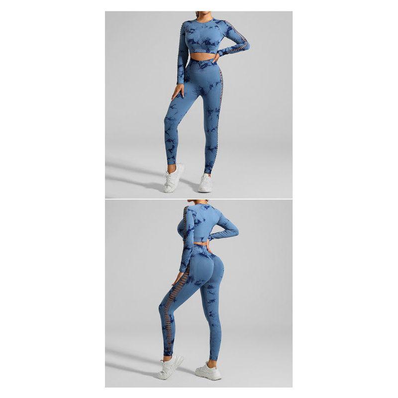 Dark Blue Size M Tie-Dye Yoga Set Long Sleeve Butt Lift Leggings Seamless Workout Training Gym Clothes