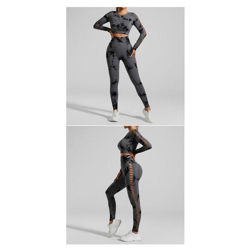 Dark Gray Size M Tie-Dye Yoga Set Long Sleeve Butt Lift Leggings Seamless Workout Training Gym Clothes