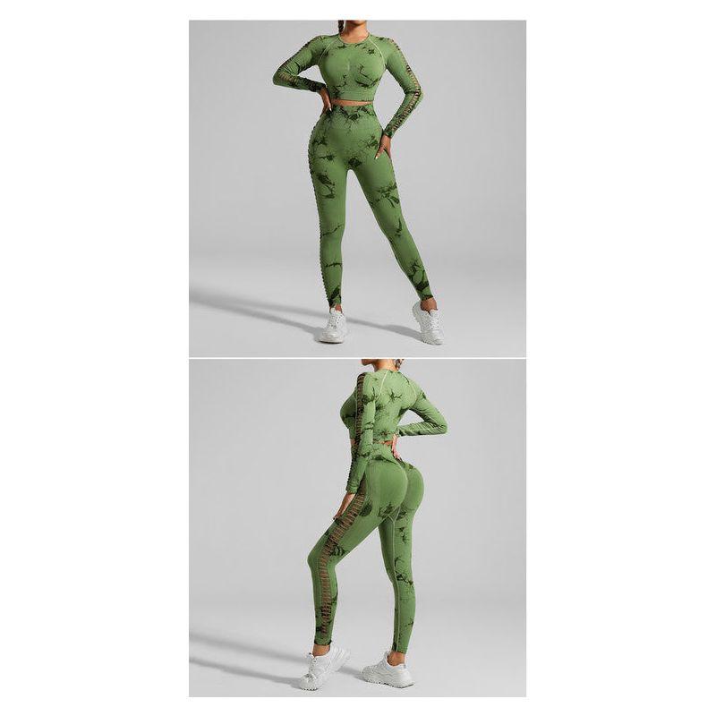 Grass Green Size S Tie-Dye Yoga Set Long Sleeve Butt Lift Leggings Seamless Workout Training Gym Clothes