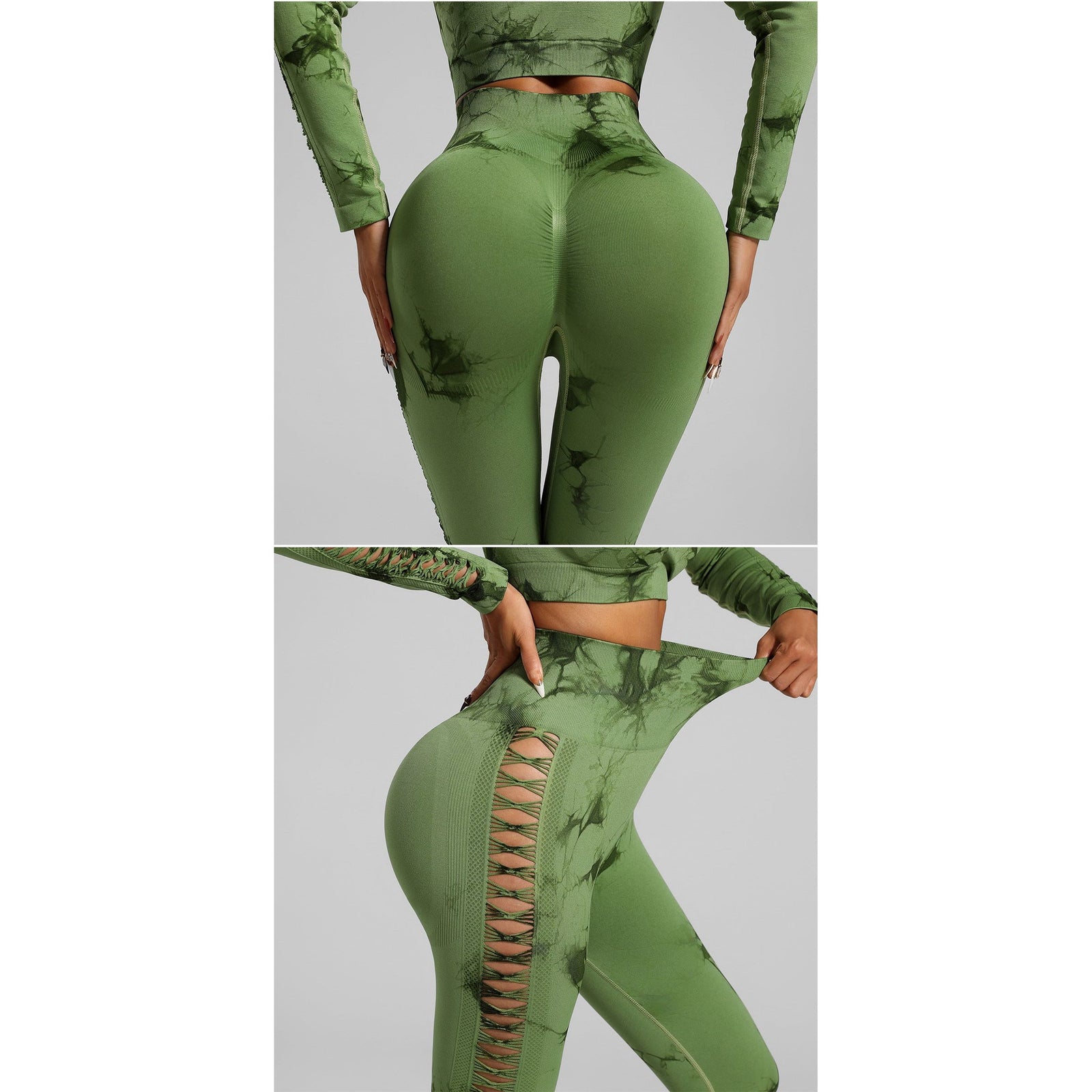 Grass Green Size L Tie-Dye Yoga Set Long Sleeve Butt Lift Leggings Seamless Workout Training Gym Clothes