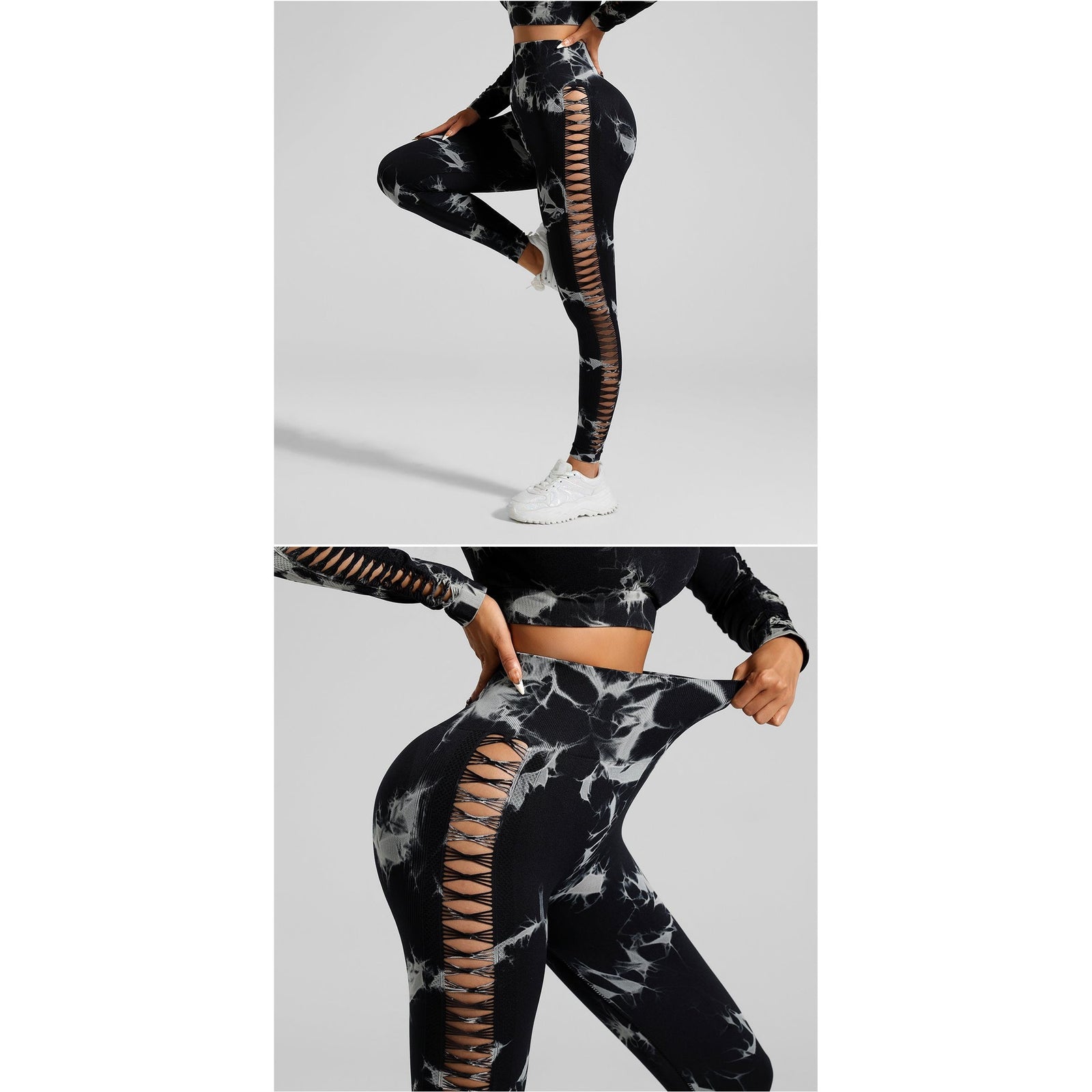 Black and Grey Tie-Dye Size S Tie-Dye Yoga Set Long Sleeve Butt Lift Leggings Seamless Workout Training Gym Clothes