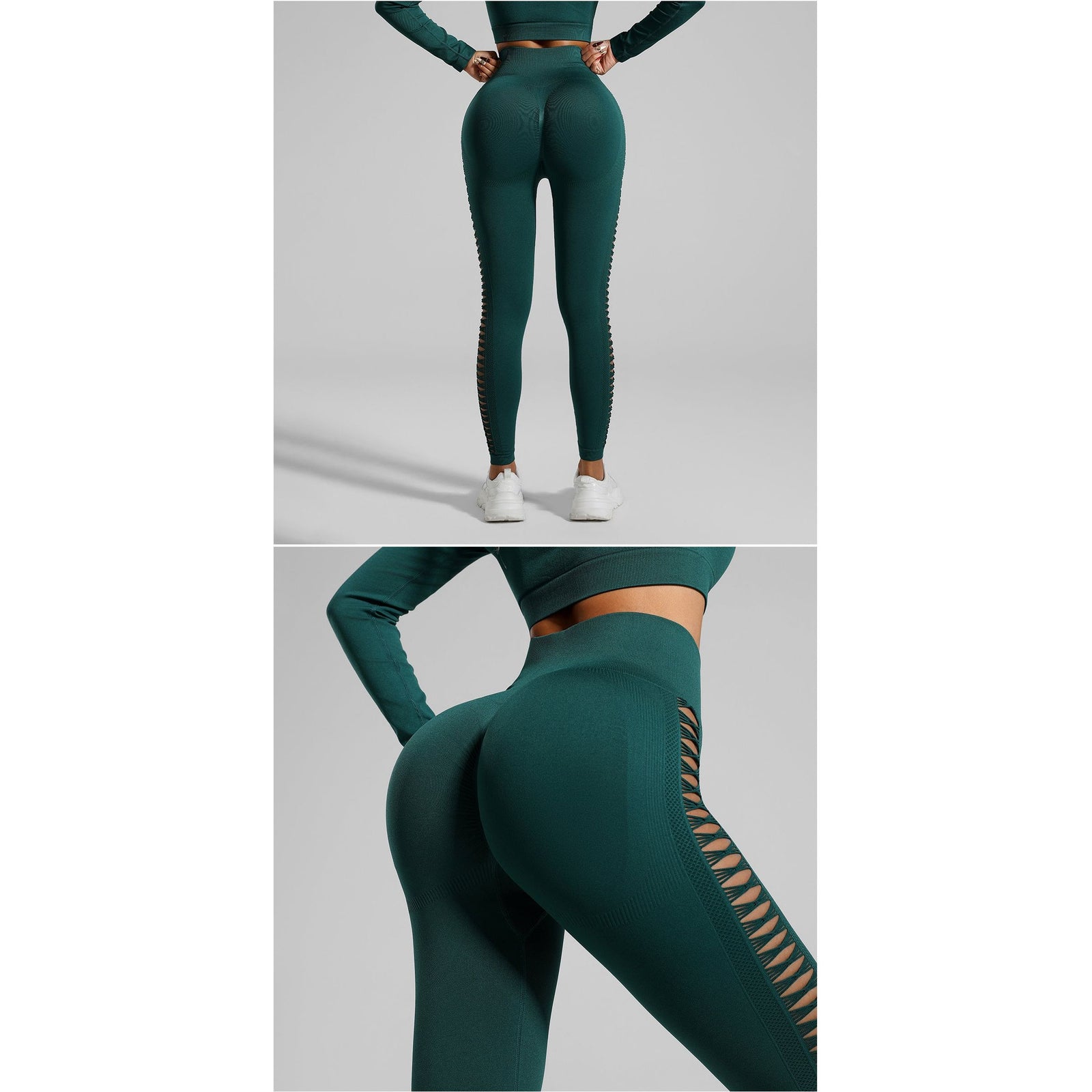 Dark Green Size M Tie-Dye Yoga Set Long Sleeve Butt Lift Leggings Seamless Workout Training Gym Clothes