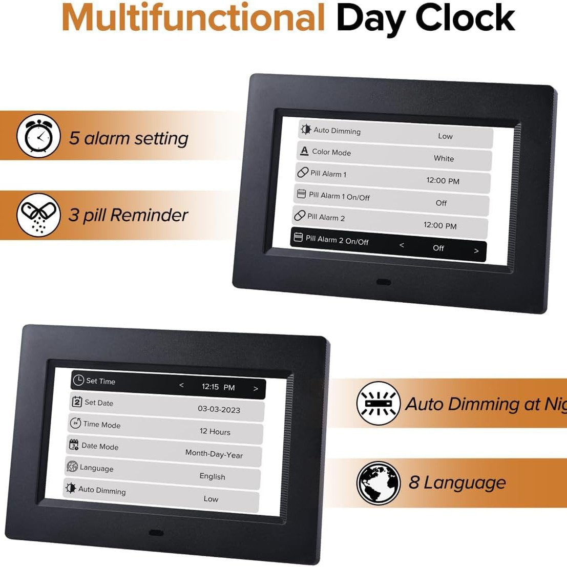 White Crystal Clear 7-Inch Digital Day Clock with Auto Dimming & Voice Assist - Perfect for Seniors