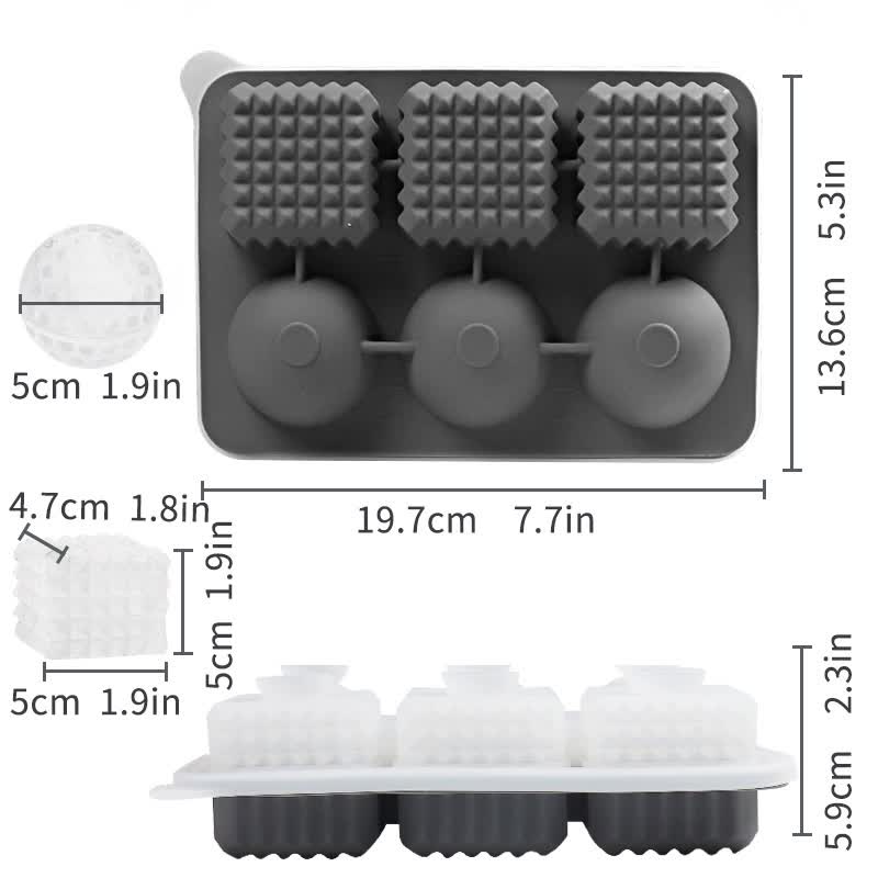 2 PCS Sphere & Square Ice Cube Tray (Gray) - Novelty Silicone Ice Maker for Whiskey Cocktails