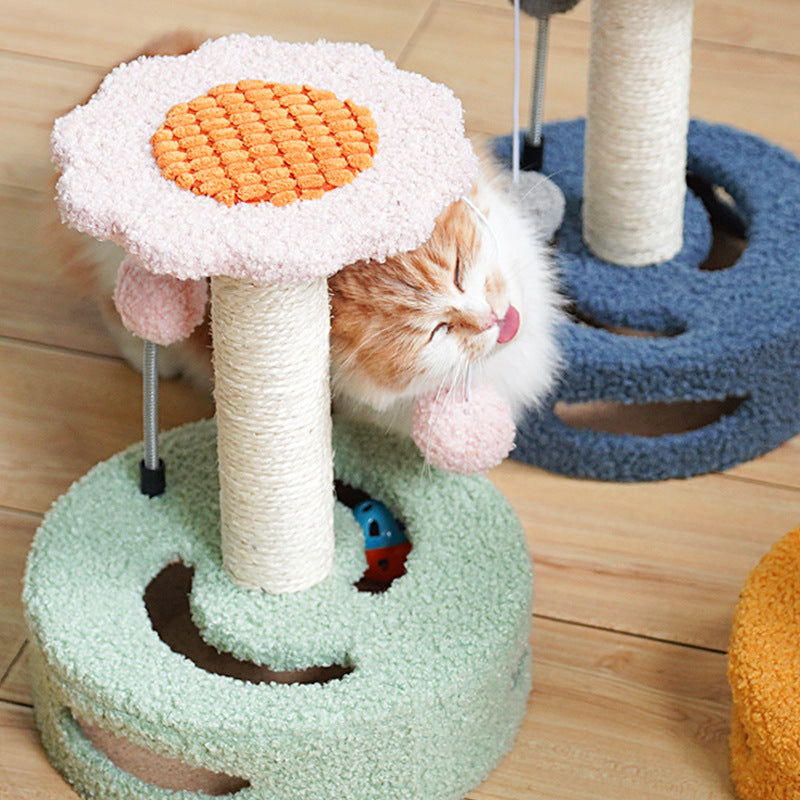 Blue Bold Flower Cat Scratching Post - Interactive Plush & Sisal Cat Toy with Teaser Balls