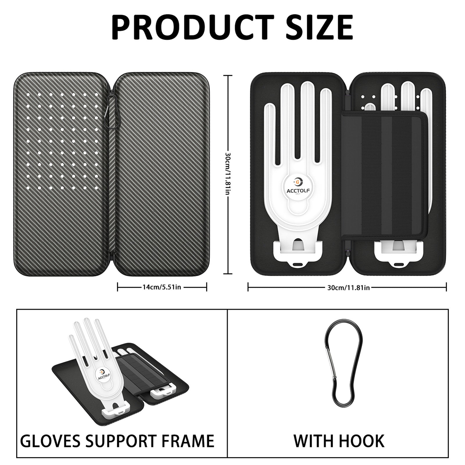 Premium Golf Glove Holder Case - Keeps Gloves Dry & Shaped, Carbon Fiber Look with Hook (Gloves Not Included)