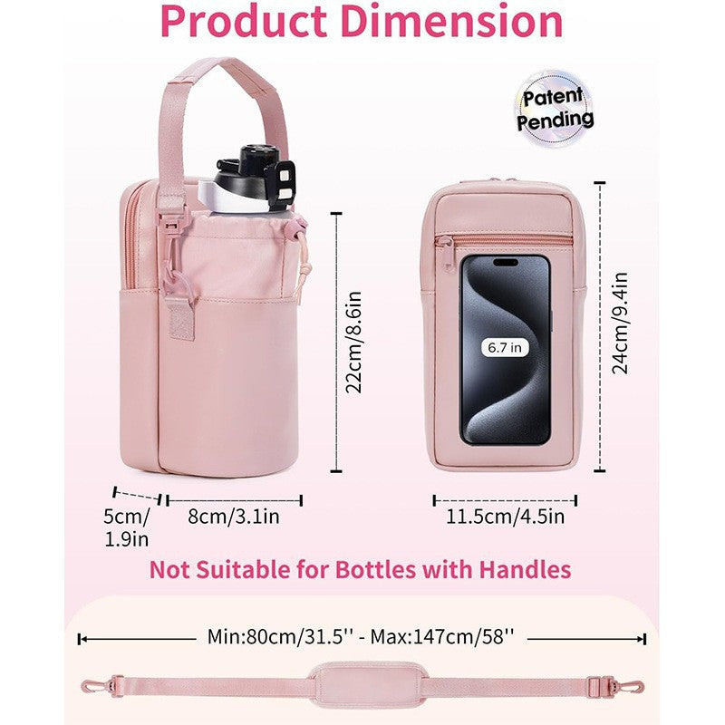 Green Stylish Water Bottle Carrier Bag with Phone Pocket, Key Clip & Adjustable Strap - Crossbody Sling Holder