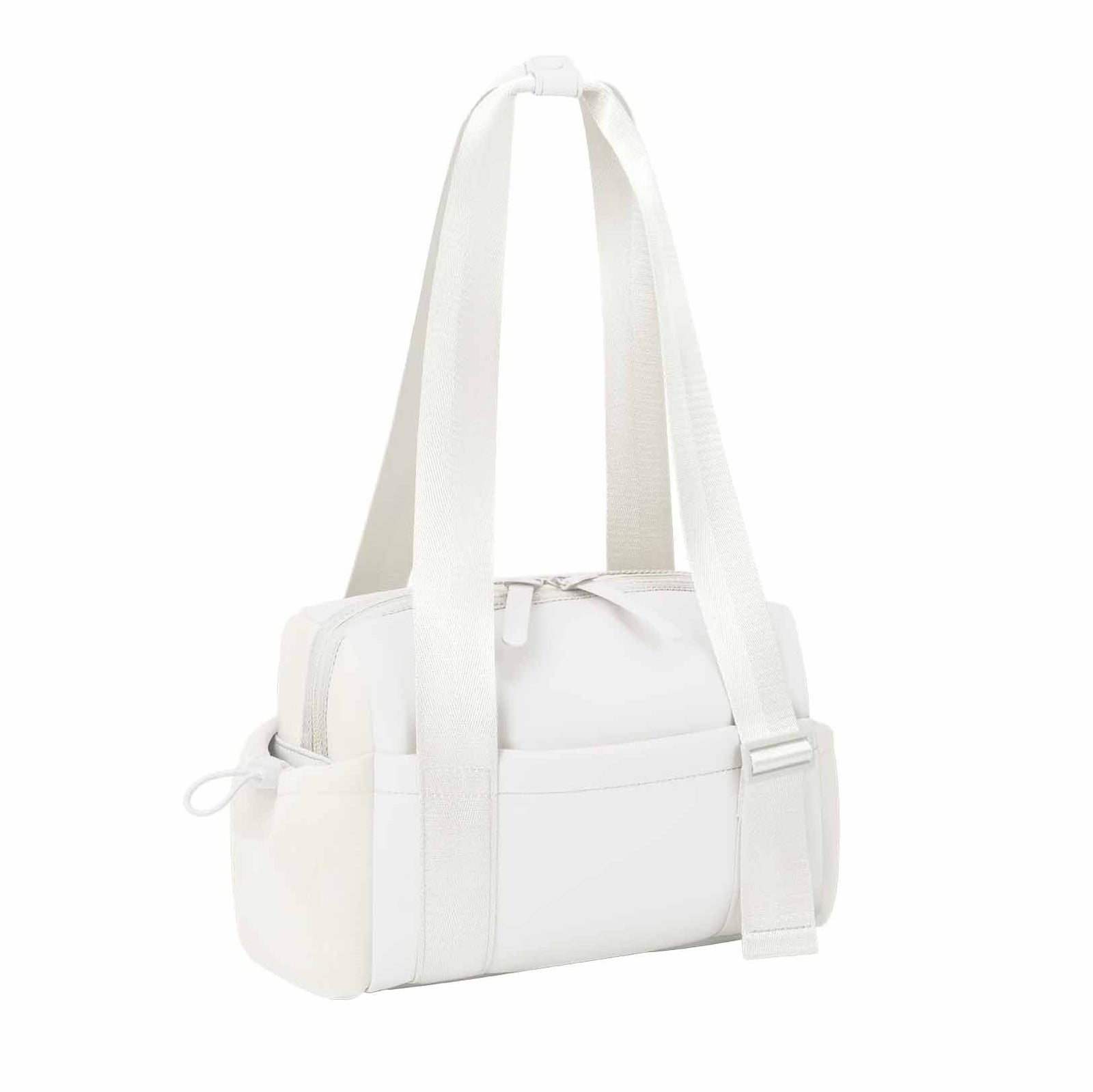 Stylish white Mini Gym Bag & Travel Tote - Compact Duffel with Wet Pocket, Luggage Sleeve & Multiple Compartments
