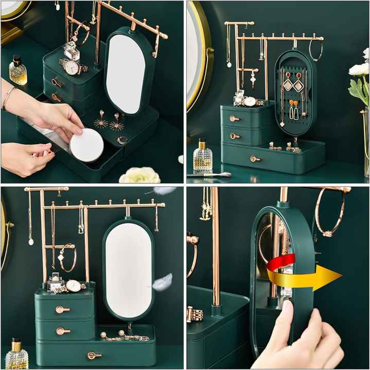 Elegant Cream Color Jewelry Organizer with Mirror - Multi-Layer Storage & Display Stand (25x15x37.5cm)