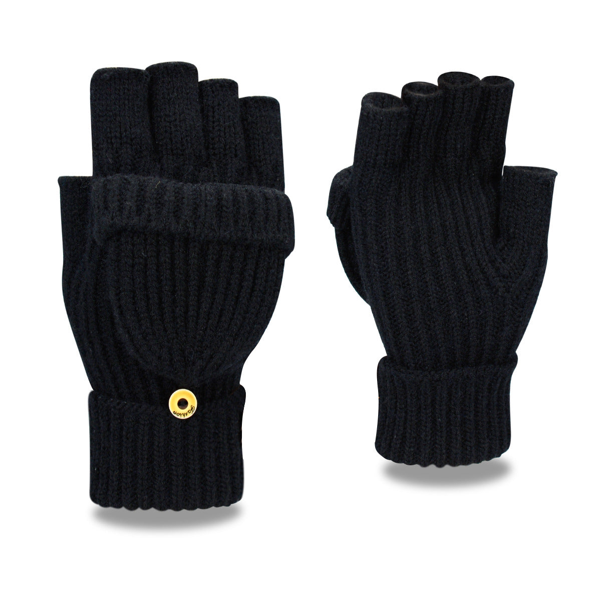 Black Winter Convertible Mittens - Warm Knitted 2-in-1 Fingerless Gloves with Flip Top Cover for Cold Weather