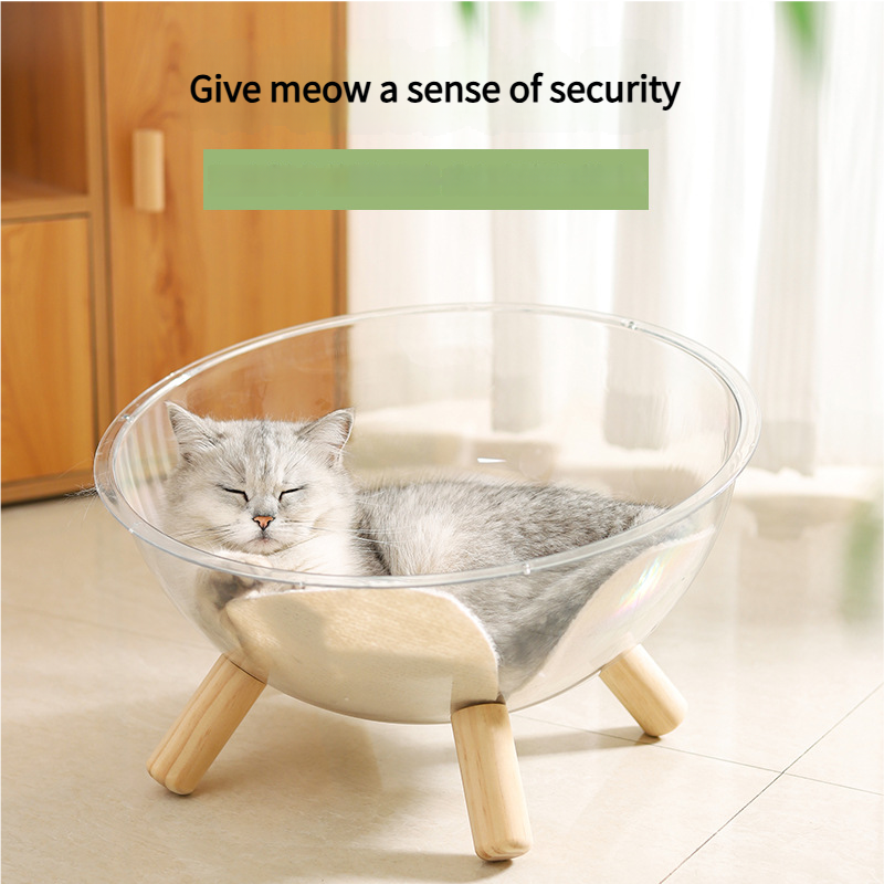 Luxury Transparent Cat Bed with Wooden Legs - Stylish Pet Nest
