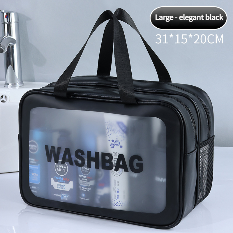 2PCS Dual-Layer Transparent PU Cosmetic Pouch - Wet and Dry Separation, Large size(31*15*20cm)- Black