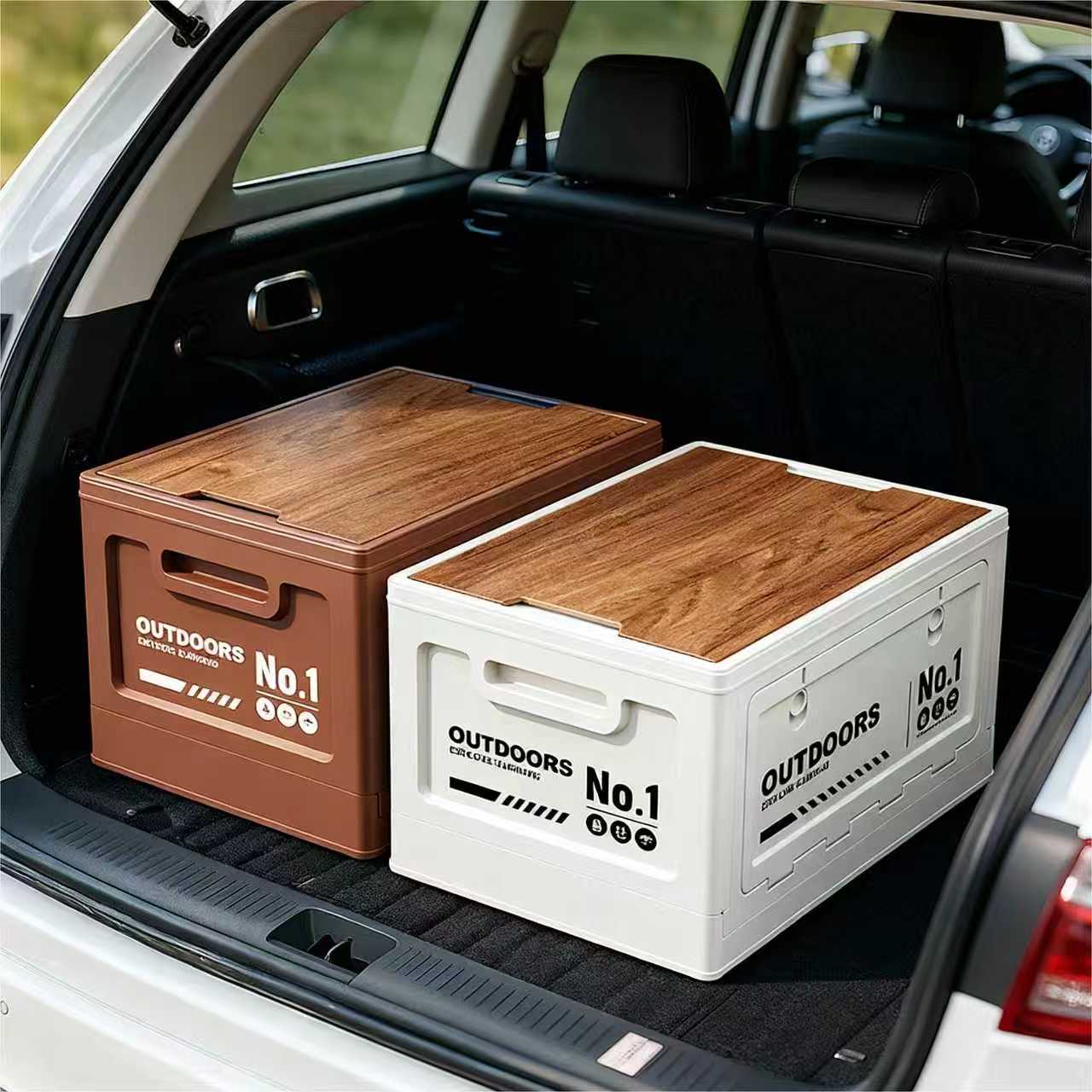 40cm Green Multifunctional Foldable Storage Box with Wooden Lid - Collapsible Outdoor Camping Crate, Stackable Home Organizer with Side-Opening Doors for Car Trunk, Picnic and Pantry