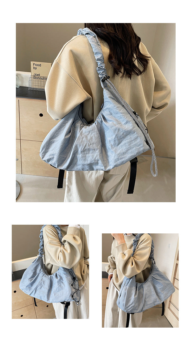 Blue Large Capacity Ruched Travel Duffel Bag - Stylish Yoga Mat Storage Shoulder Bag - Lightweight Gym Fitness Tote with Drawstring Detail for Weekend Getaways and Sports