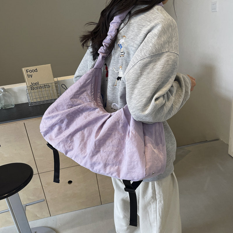 Pink Large Capacity Ruched Travel Duffel Bag - Stylish Yoga Mat Storage Shoulder Bag - Lightweight Gym Fitness Tote with Drawstring Detail for Weekend Getaways and Sports