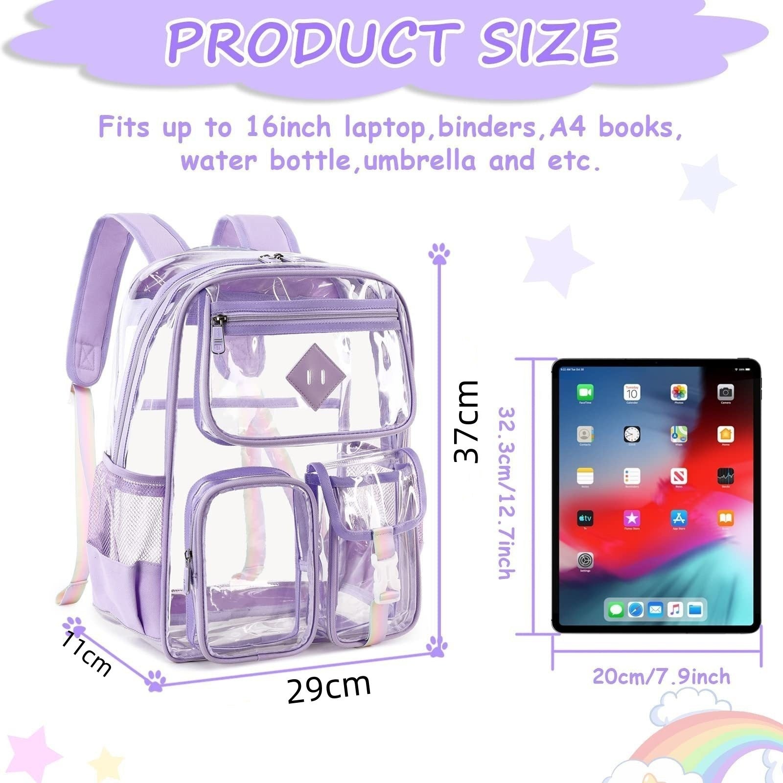 Heavy Duty Clear Transparent Backpack with Purple - Large Capacity PVC Bookbag for School, Stadium, and Gym - Fits 16-Inch Laptop, Binders and A4 Books