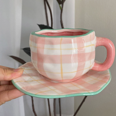 Pink Plaid 300ML Underglaze Hand-Pinched Cup and Saucer Set - Ceramic Coffee Mug Milk Cup Breakfast Set
