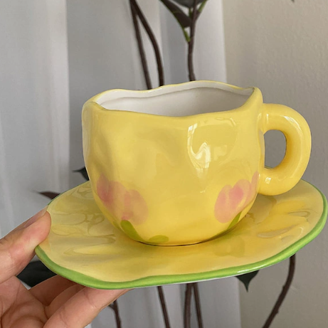 Yellow Tulip 300ML Underglaze Hand-Pinched Cup and Saucer Set - Ceramic Coffee Mug Milk Cup Breakfast Set