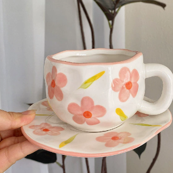 Pink Flowers On A White Background 300ML Underglaze Hand-Pinched Cup and Saucer Set - Ceramic Coffee Mug Milk Cup Breakfast Set