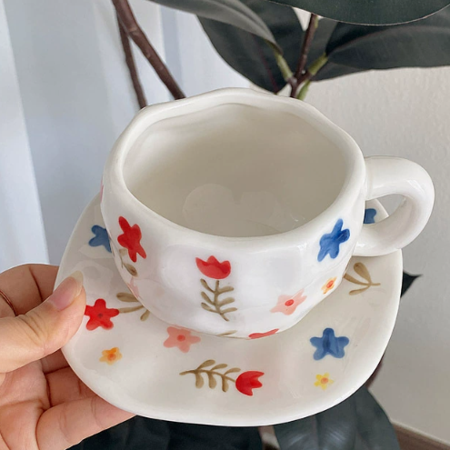 White Background Large Floral 300ML Underglaze Hand-Pinched Cup and Saucer Set - Ceramic Coffee Mug Milk Cup Breakfast Set
