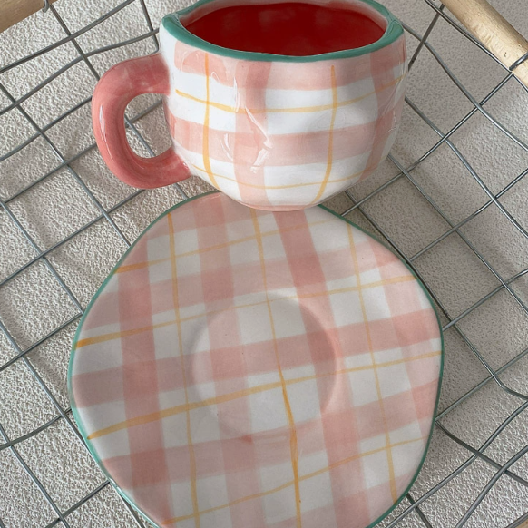 Pink Background Large Floral 300ML Underglaze Hand-Pinched Cup and Saucer Set - Ceramic Coffee Mug Milk Cup Breakfast Set