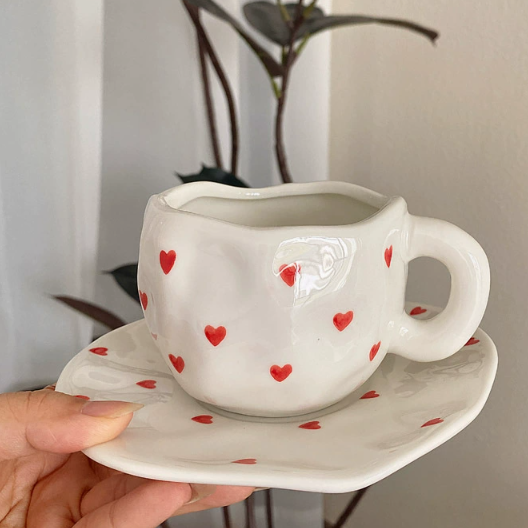 White Background Little Heart 300ML Underglaze Hand-Pinched Cup and Saucer Set - Ceramic Coffee Mug Milk Cup Breakfast Set