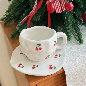 Red Cherry 300ML Underglaze Hand-Pinched Cup and Saucer Set - Ceramic Coffee Mug Milk Cup Breakfast Set