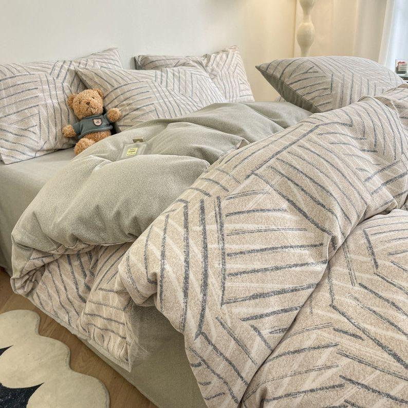 Pinstripe Thick Brushed Cotton 4-Piece Bed Sheet Set (1.5m Bed) - Fits 200x230cm Duvet