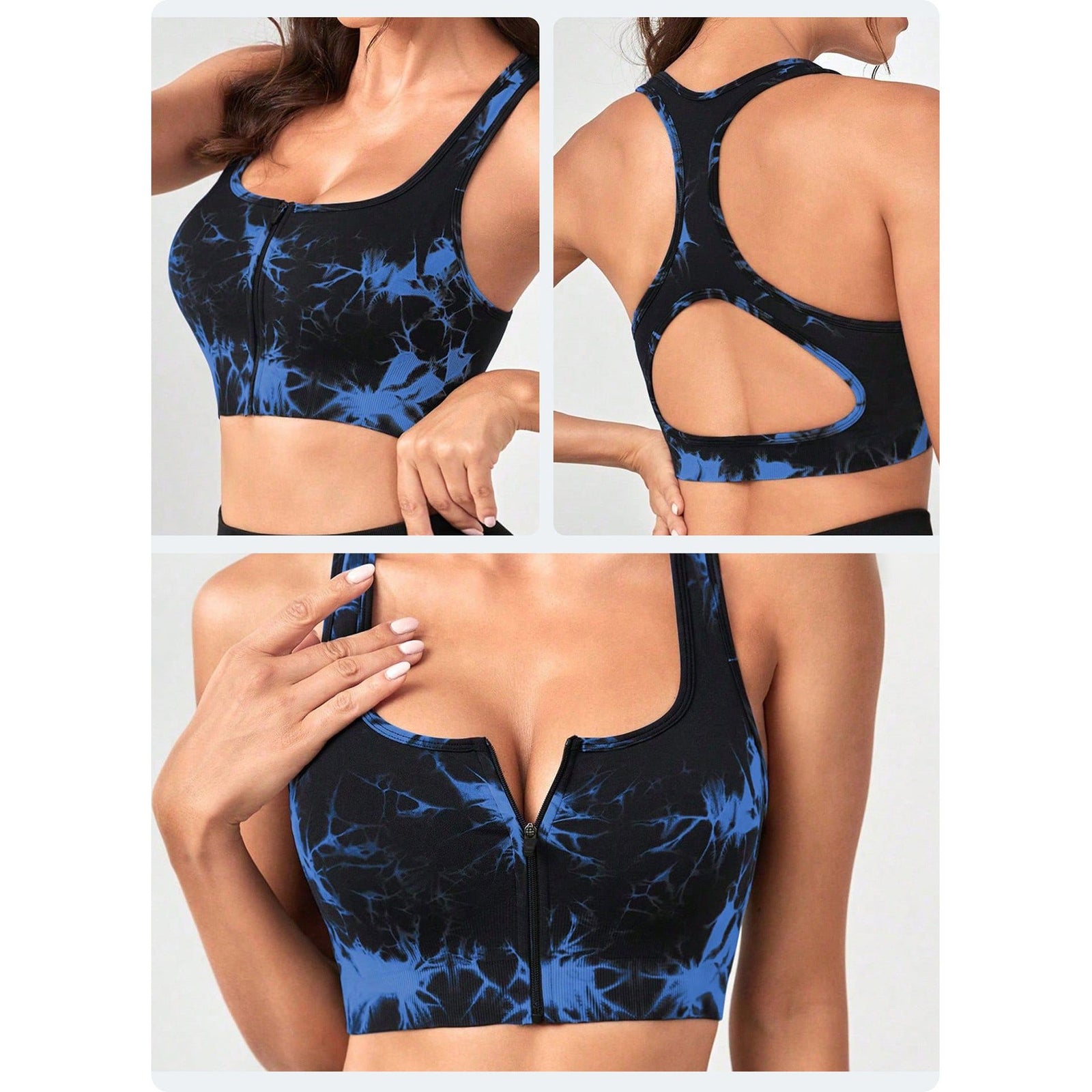 Women's Black Tie Dye Zip-Up Sports Bra | Shockproof, Push-Up Size S