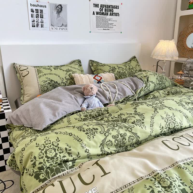 Green Floral 4-Piece Bedding Set - Soft and Lovely Bed Sheets (Quilt 180x220cm, Flat Sheet 230x230cm, Pillowcase 48x47cm*2)