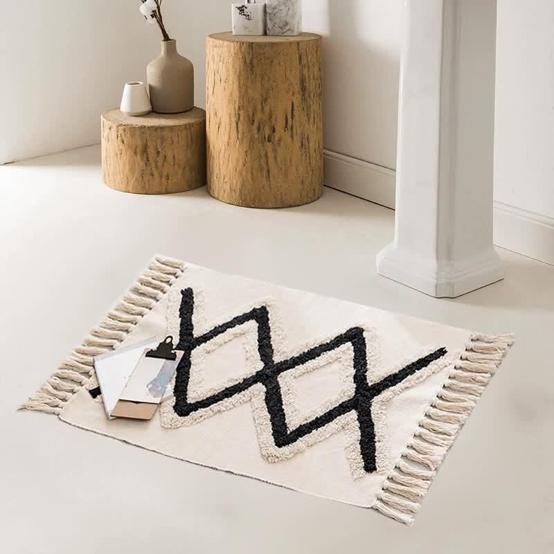 Handwoven Cotton Tassel Floor Rug for Bedroom or Living Room|Soft, Modern Geometric Design,60x90cm