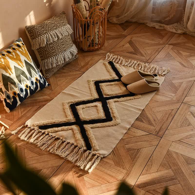 Handwoven Cotton Tassel Floor Rug for Bedroom or Living Room|Soft, Modern Geometric Design,60x90cm