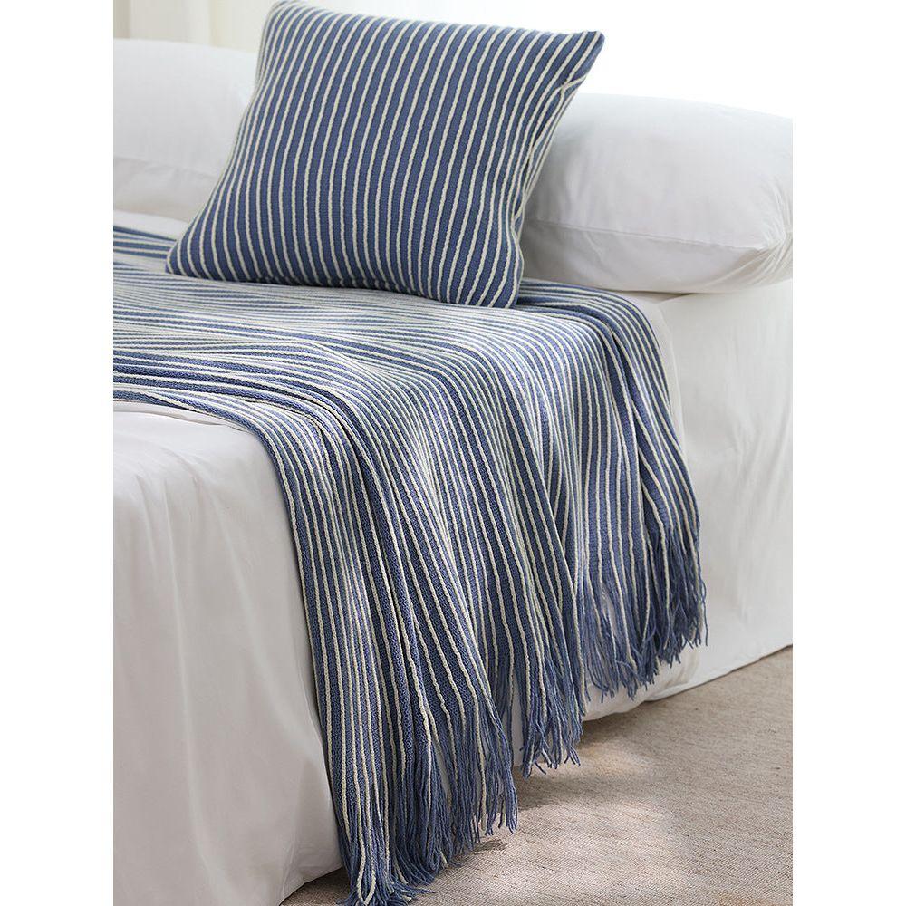 Blue Cozy Knit Throw Blanket with Fringe – Stylish Striped Bed End Cover, 127x170cm
