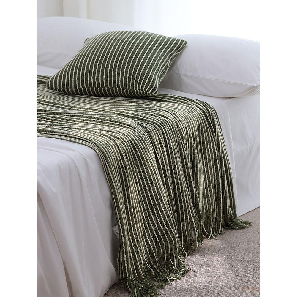 Green Cozy Knit Throw Blanket with Fringe - Stylish Striped Bed End Cover, 127x170CM