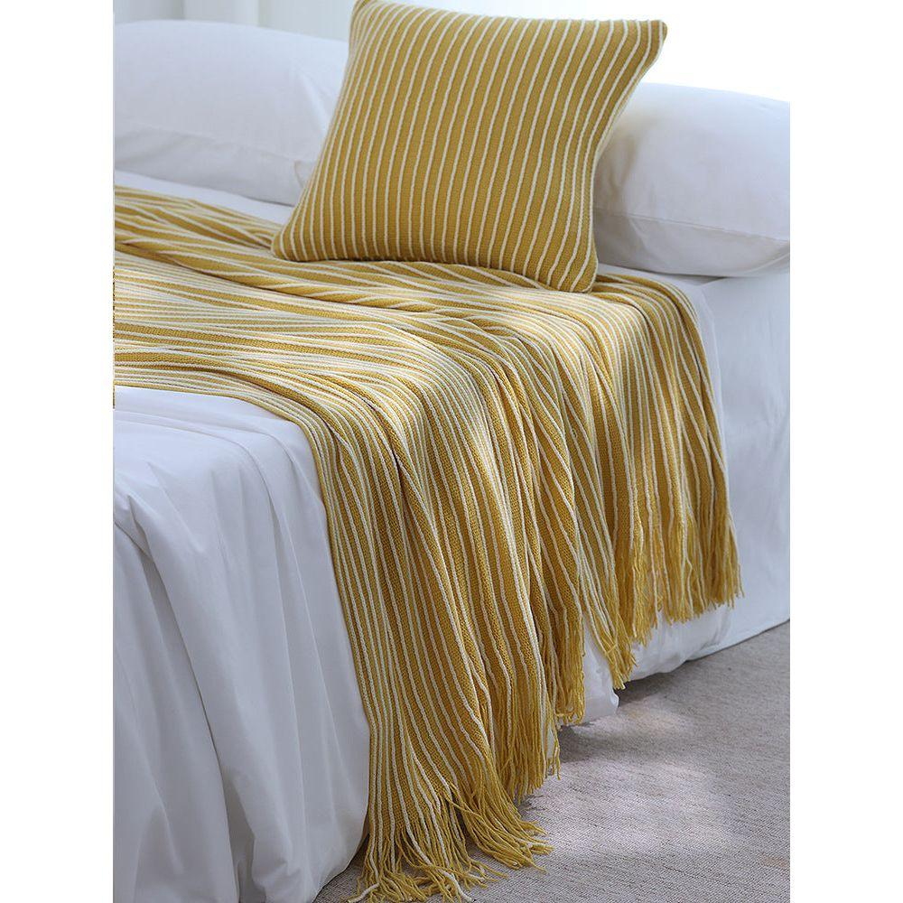 Yellow Cozy Knit Throw Blanket with Fringe - Stylish Striped Bed End Cover, 127x220CM