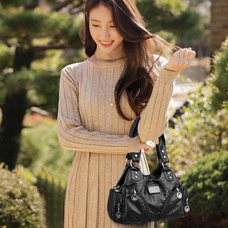 Black Vintage Soft Leather Biker Bag - Shoulder Crossbody Handbag