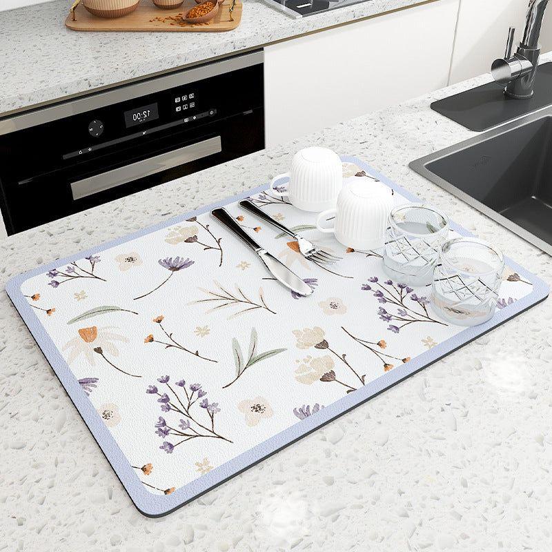 2 PCS Purple flowers Kitchen Drying Mat - Super Absorbent Dish & Cup Drainer Pad 30x40cm
